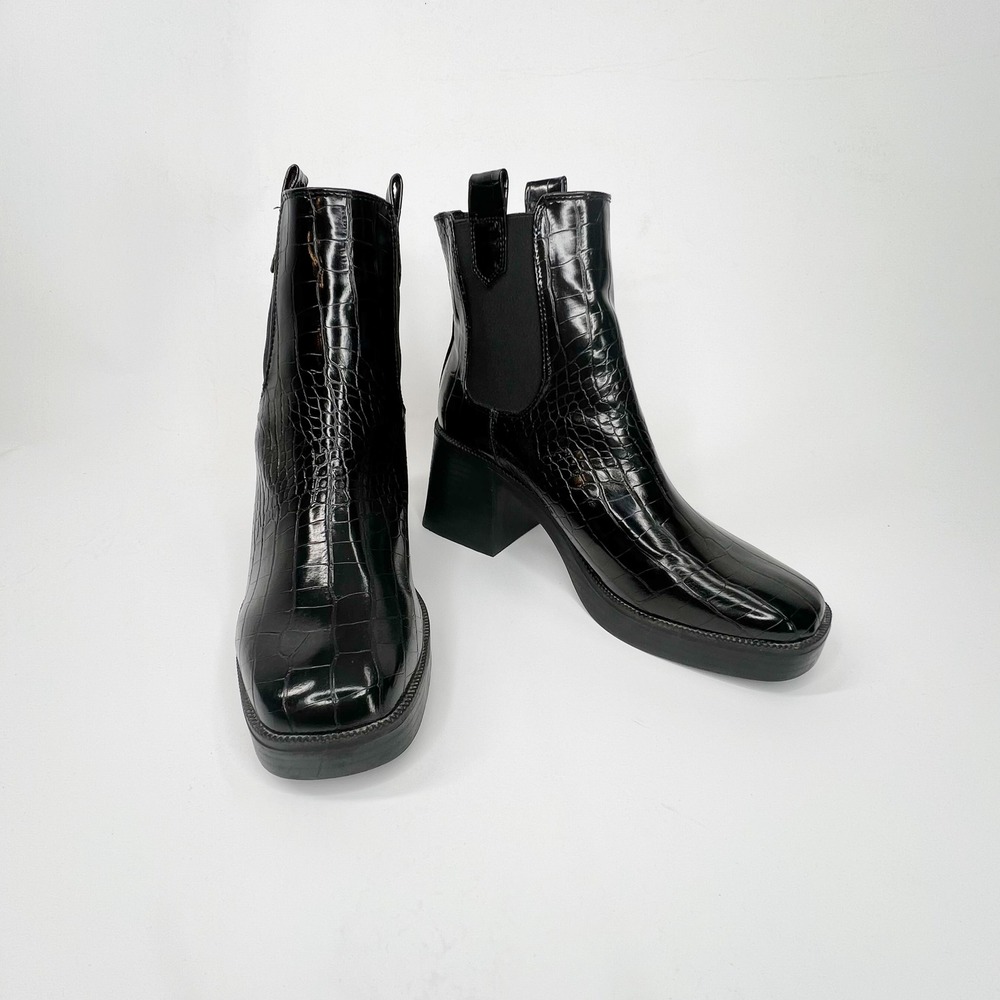 NASTY GAL Croc Square Toe Heeled Black Ankle Boots 8